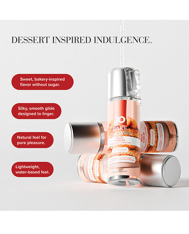 Bottle of JO Bake Shoppe dessert-inspired lube with text highlighting features on a light gray background.