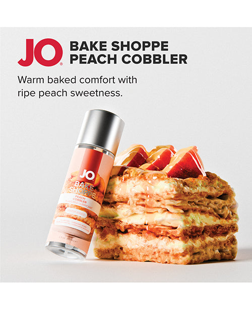 JO Bake Shoppe Peach Cobbler product with a cake on a light gray background