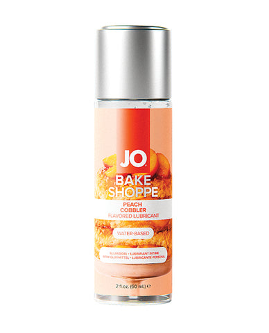JO Bake Shoppe peach cobbler flavored lubricant bottle on a white background