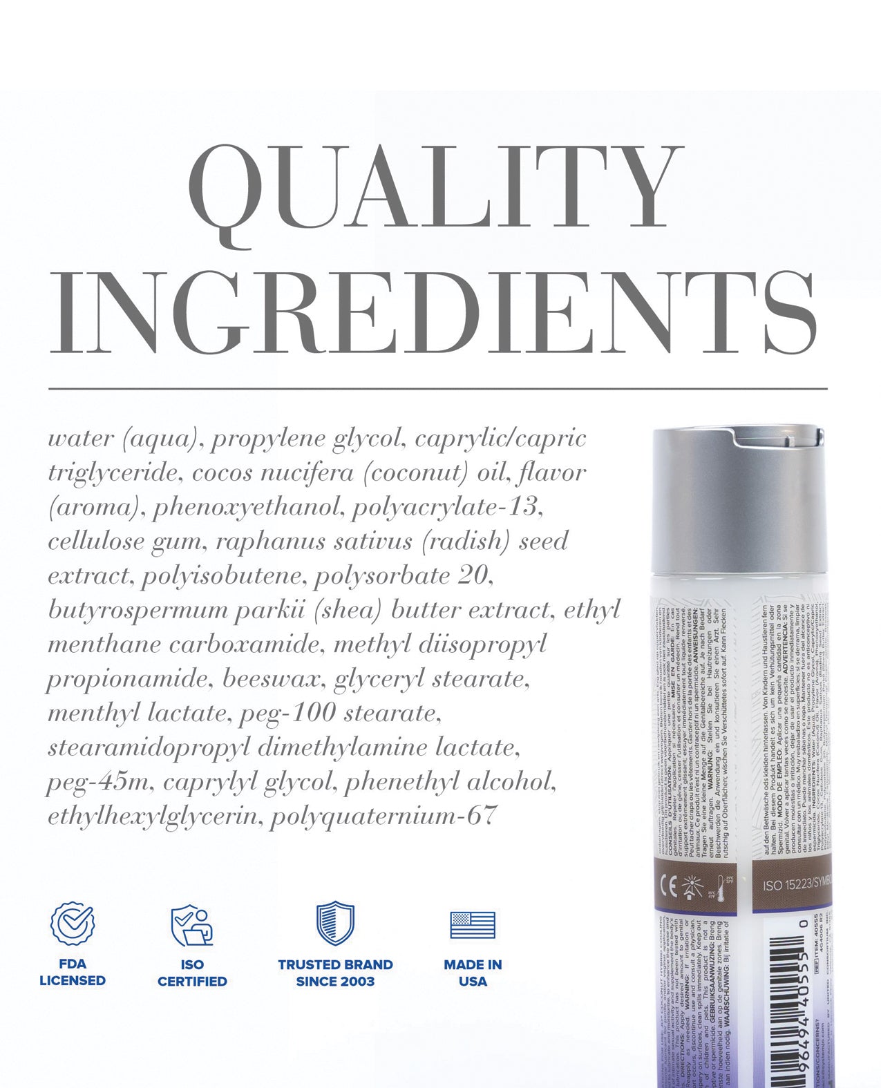 Product label with ingredients list and quality assurance icons on a white background