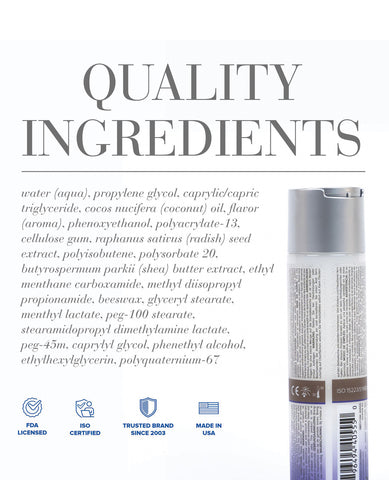 Product label with ingredients list and quality assurance icons on a white background