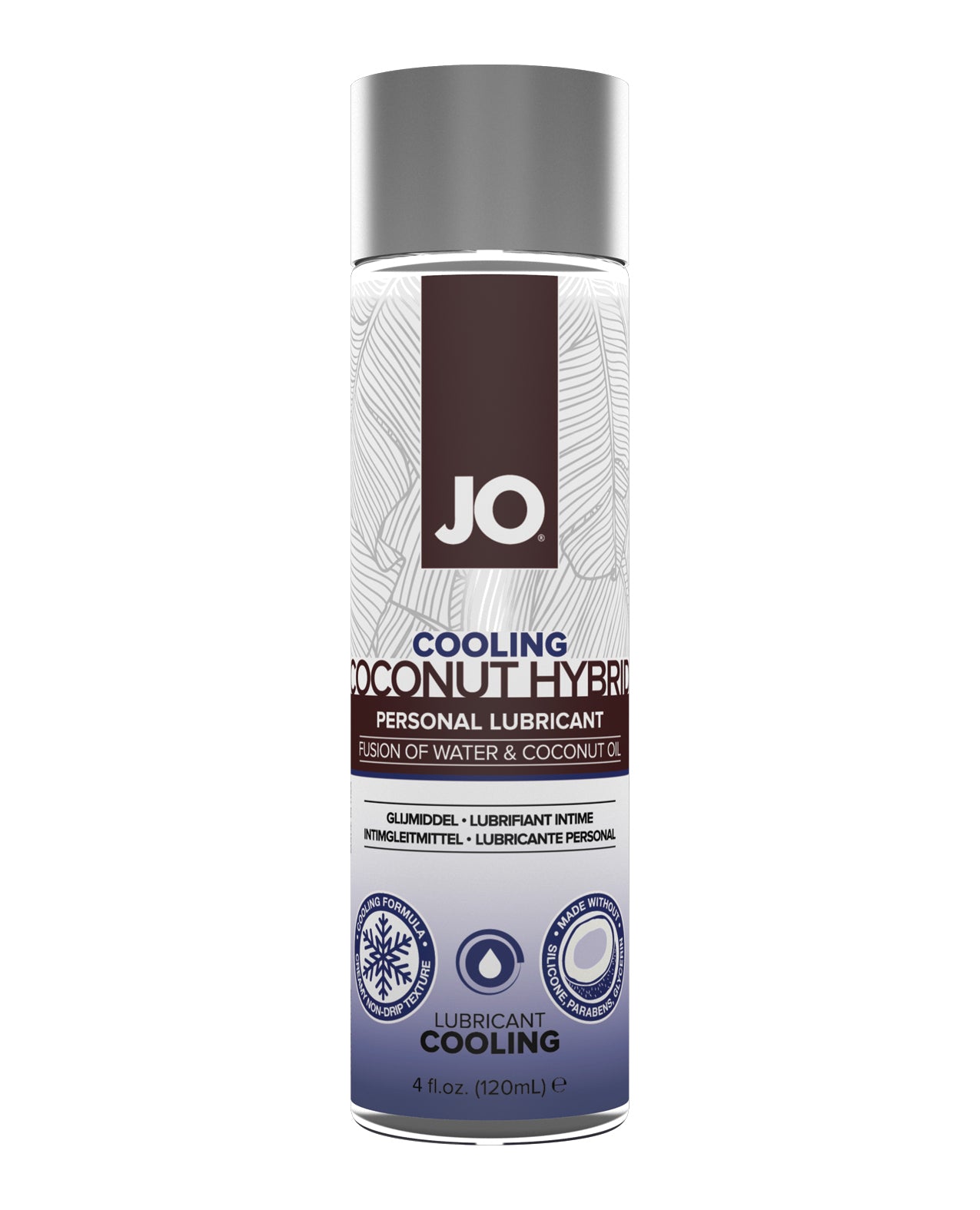 JO Cooling Coconut Hybrid personal lubricant bottle on a white background