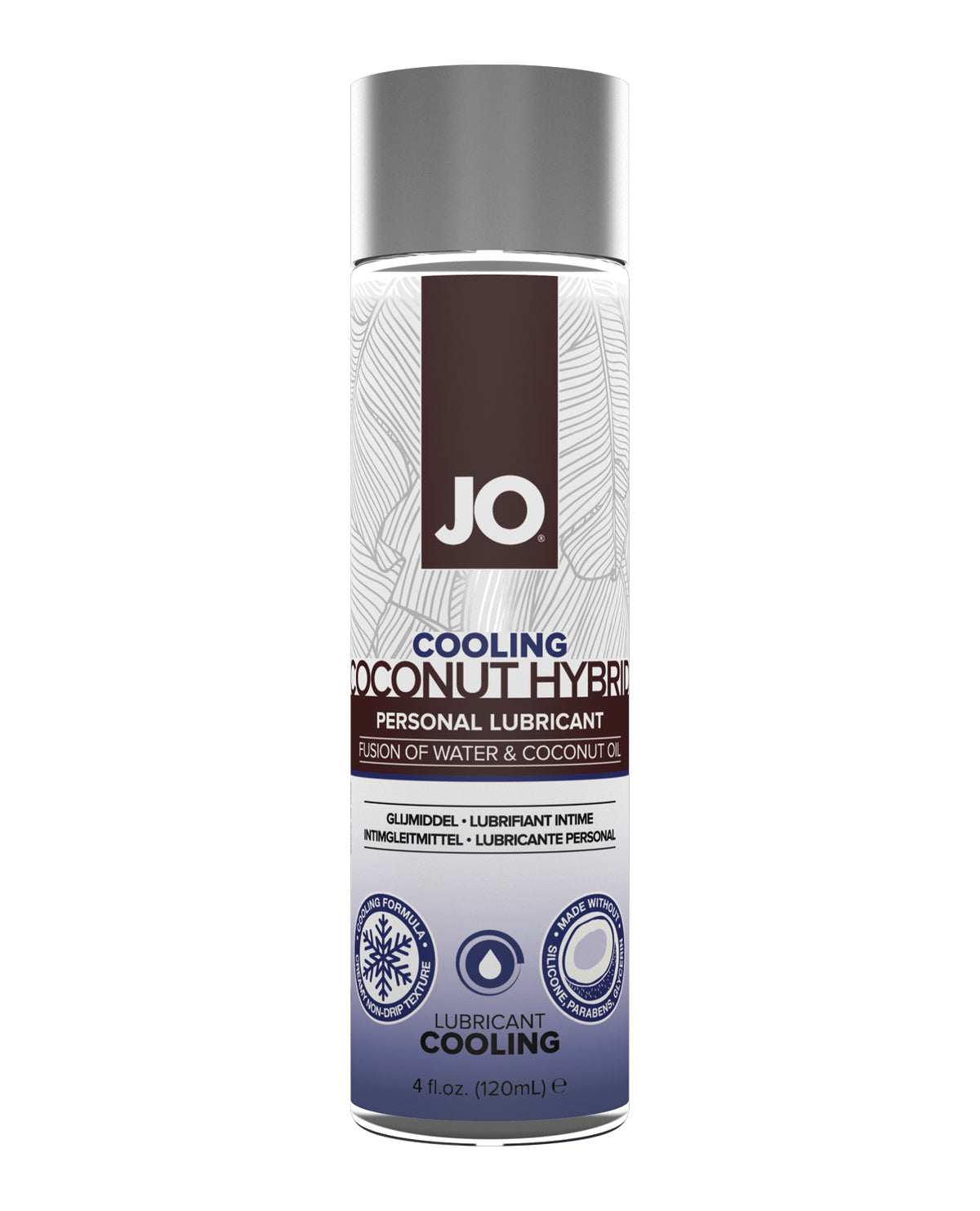 JO Cooling Coconut Hybrid personal lubricant bottle on a white background