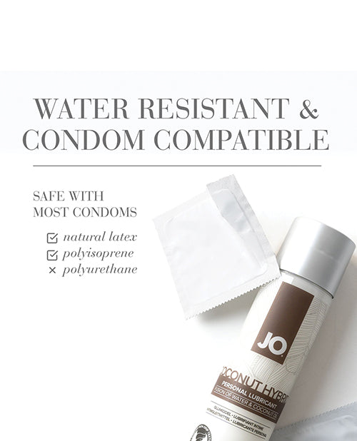 JO coconut hybrid personal lubricant bottle with text about condom compatibility on a white background