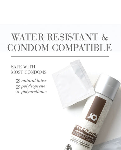 JO coconut hybrid personal lubricant bottle with text about condom compatibility on a white background