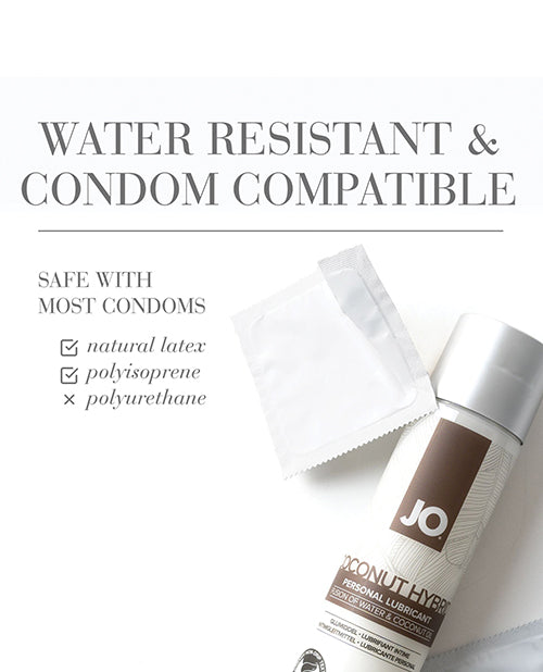 JO coconut hybrid personal lubricant bottle with text about condom compatibility on a white background