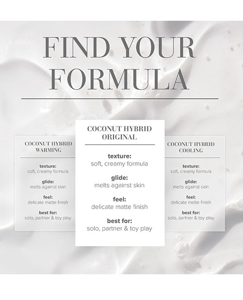 Product description card for coconut hybrid formulas with text and texture details.