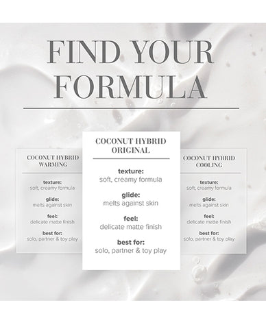 Product description card for coconut hybrid formulas with text and texture details.