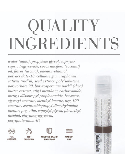 Personal lubricant with ingredient list and certification logos on a white background
