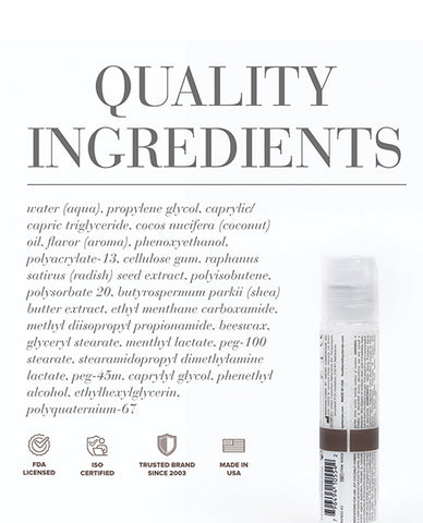 Personal lubricant with ingredient list and certification logos on a white background