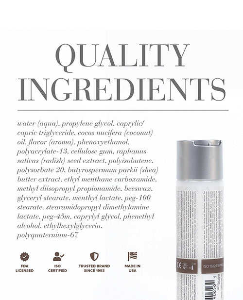 Product packaging with a list of quality ingredients and certification logos on a white background.