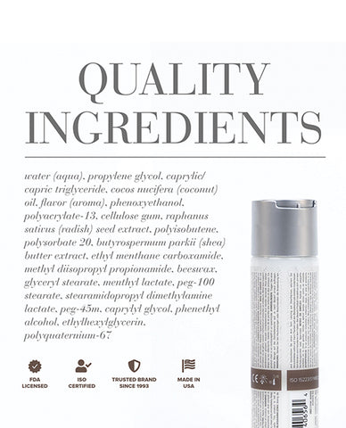Product packaging with a list of quality ingredients and certification logos on a white background.