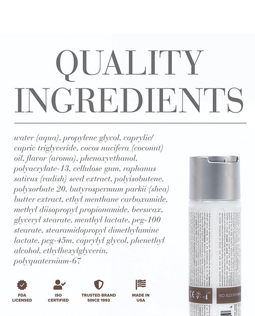Product label with ingredients list and certification logos on a white background