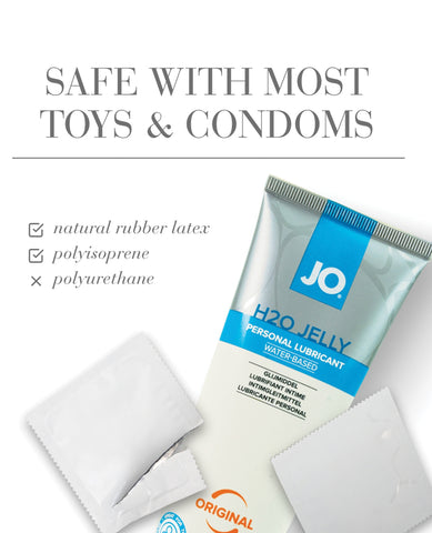 JO H2O Jelly personal lubricant packaging with text about safety with toys and condoms.