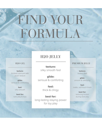 Product comparison chart for H2O Jelly with text 'Find Your Formula' on a textured blue background.