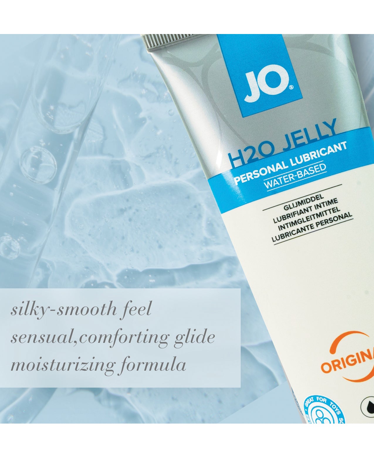 JO H2O Jelly personal lubricant tube on a textured blue background