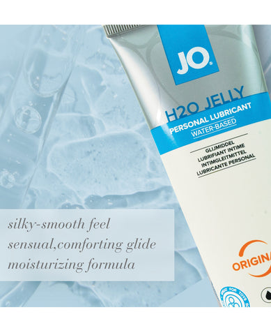 JO H2O Jelly personal lubricant tube on a textured blue background