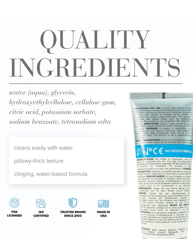 Product packaging with quality ingredients list and certification logos on a white background