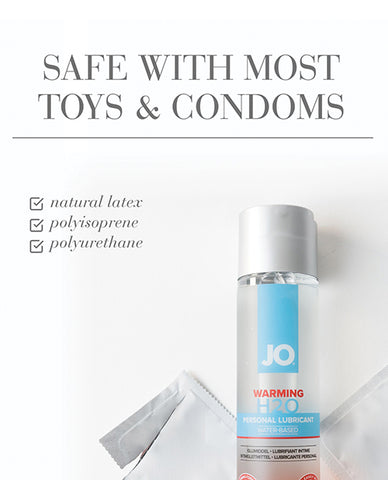 JO warming H2O personal lubricant bottle with text about safety with toys and condoms on a white background