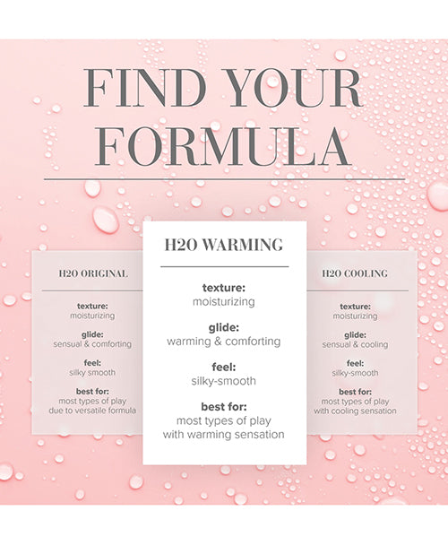 Product description card for H2O Original and H2O Cooling on a pink background with water droplets.