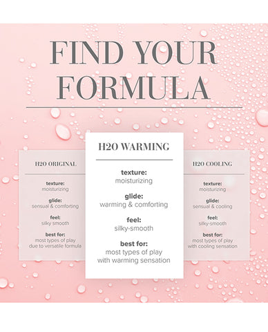 Product description card for H2O Original and H2O Cooling on a pink background with water droplets.