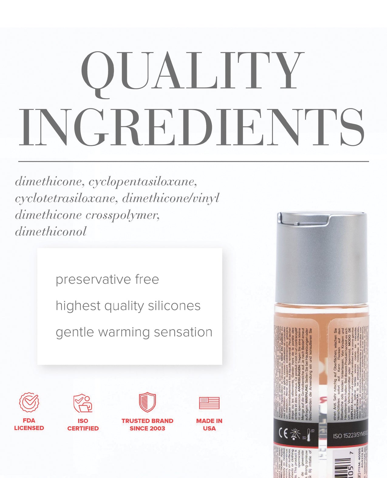 Product packaging with text about quality ingredients and product features on a white background