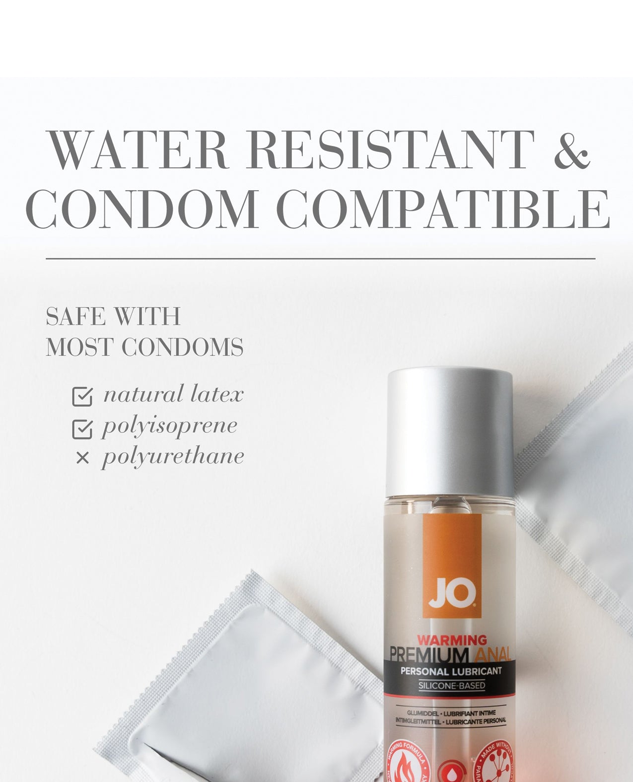 JO warming personal lubricant bottle with packaging on a white background with information about condom compatibility.