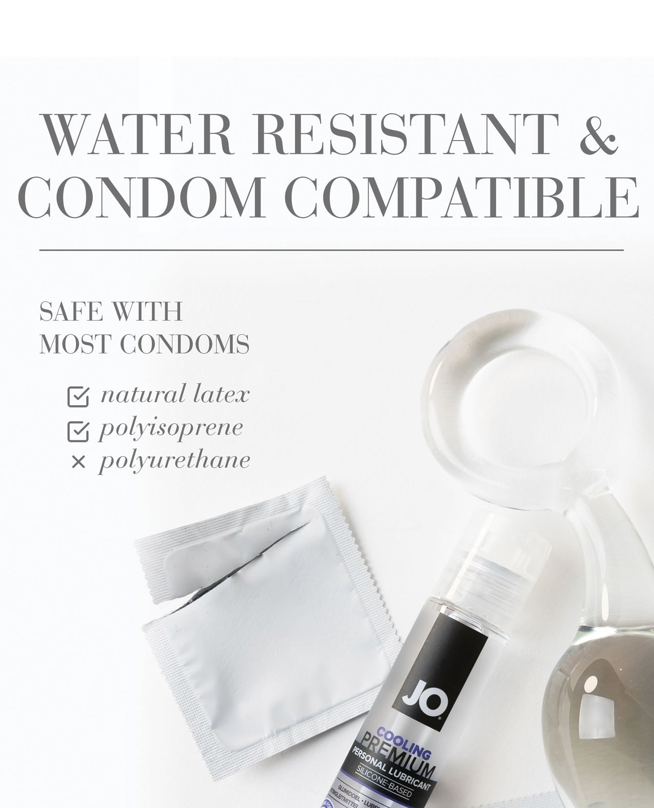 JO cooling lubricant bottle with packaging on a white background, featuring text about condom compatibility.