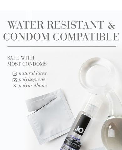 JO cooling lubricant bottle with packaging on a white background, featuring text about condom compatibility.