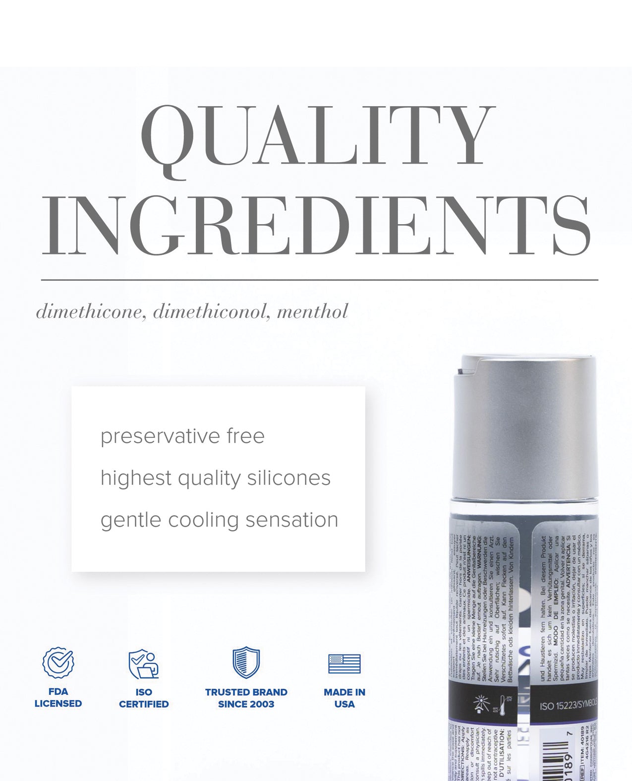 Product packaging with text about quality ingredients and certifications on a white background