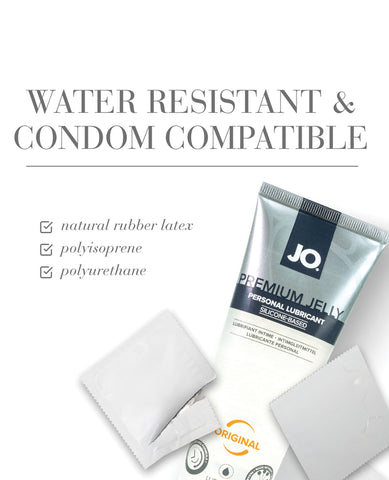 JO premium jelly personal lubricant packaging with text highlighting water resistance and compatibility.