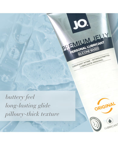 Tube of JO Premium Jelly personal lubricant on a textured blue background