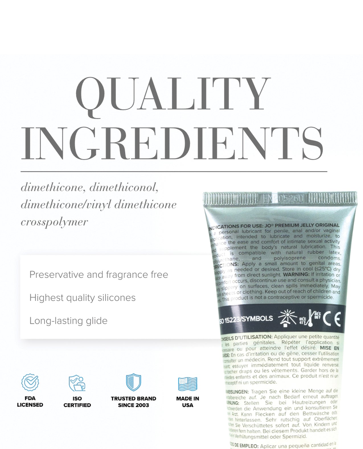 Product packaging with text about quality ingredients and product features on a white background