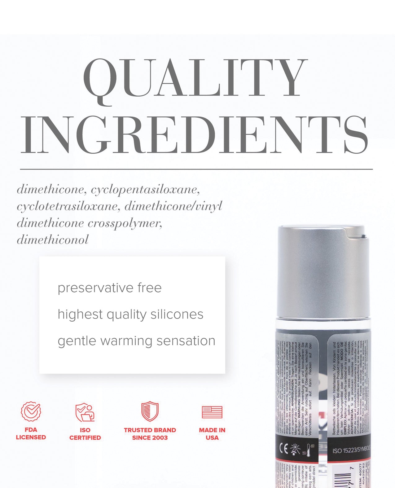 Product packaging with text about quality ingredients and product features on a white background