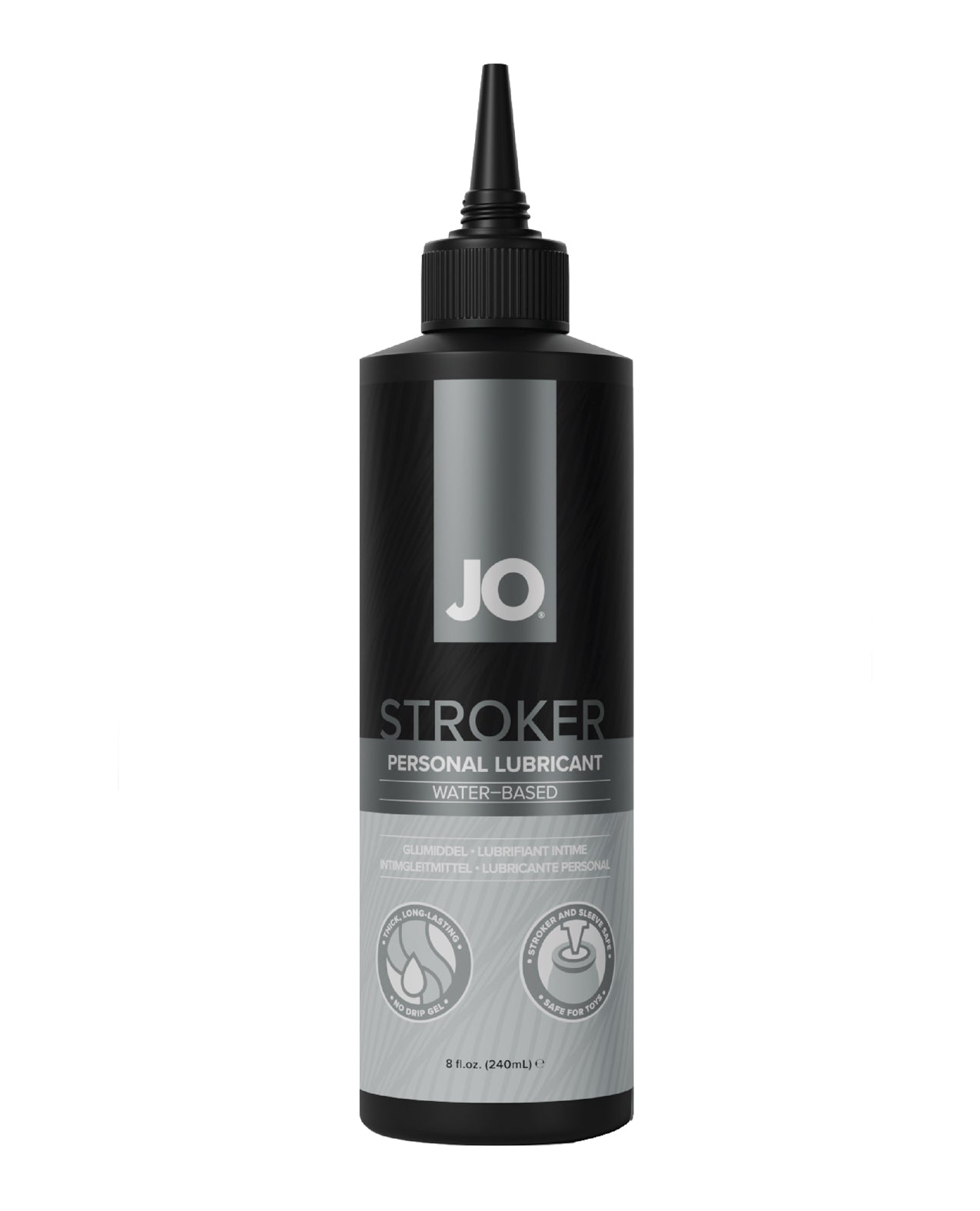 Black bottle of JO Stroker personal lubricant on a white background