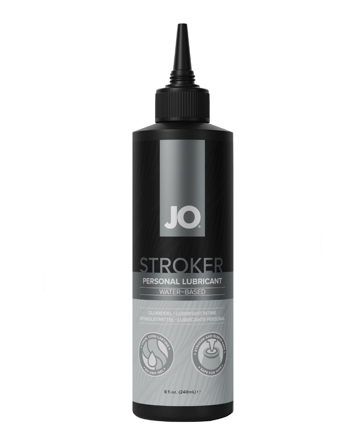 Black bottle of JO Stroker personal lubricant on a white background