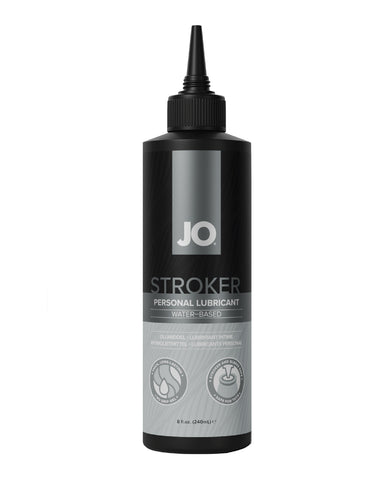 Black bottle of JO Stroker personal lubricant on a white background