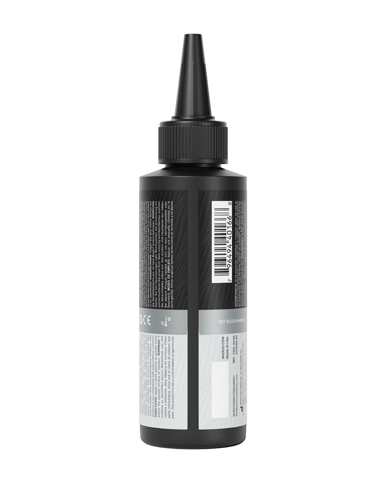 Black bottle with a label on a white background