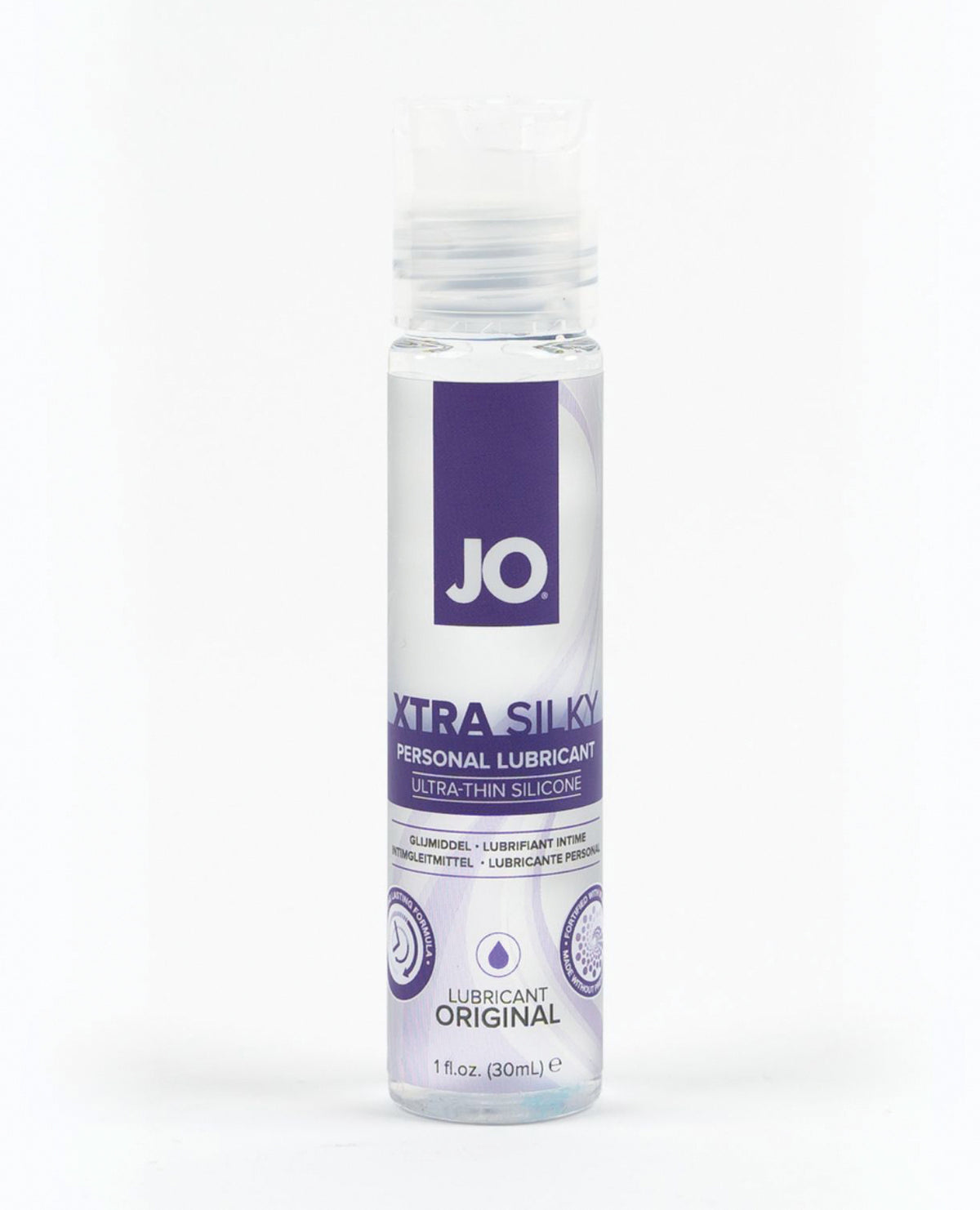 Bottle of JO Extra Silky personal lubricant on a white background