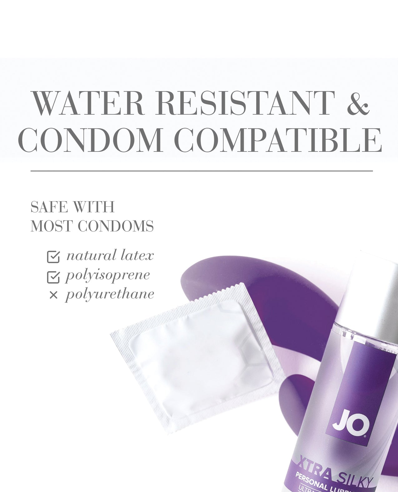 JO personal lubricant packaging with text about water resistance and compatibility on a white background