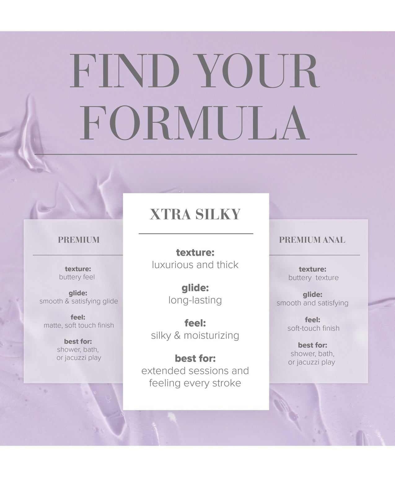 Product description card for 'Xtra Silky' on a purple background with text and product details.