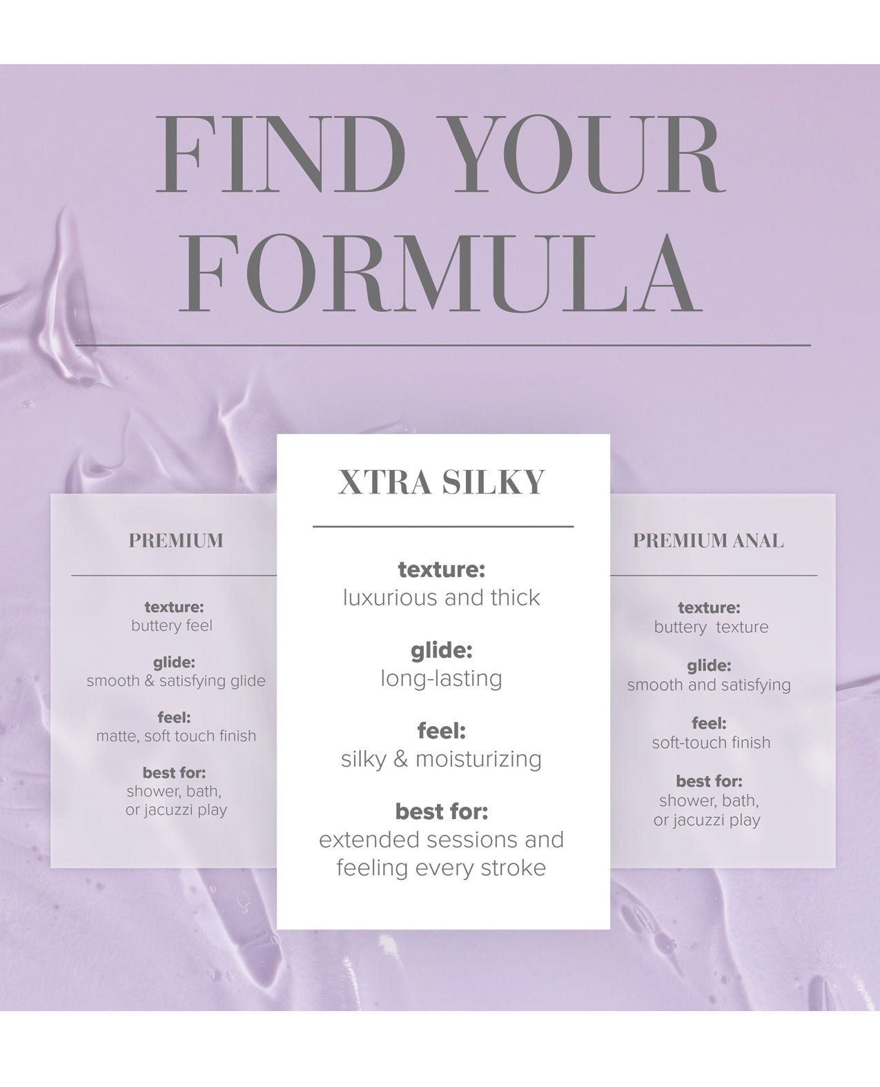 Product formulas with 'Xtra Silky' description on a purple background
