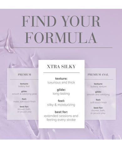 Product formulas with 'Xtra Silky' description on a purple background