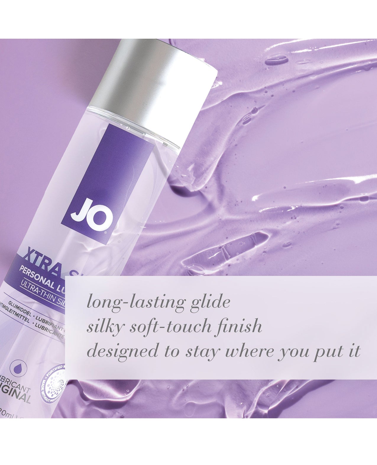 JO personal lubricant bottle on a purple background with product description text.