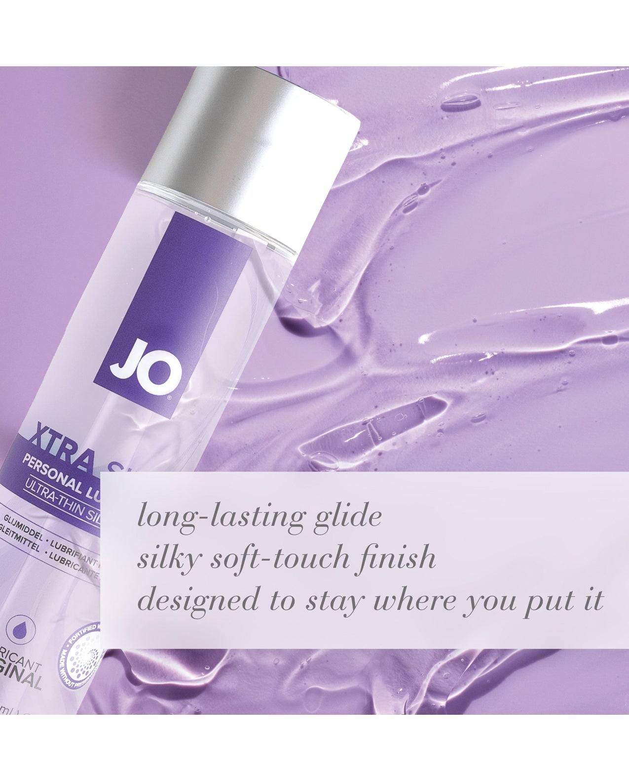 JO personal lubricant bottle with purple background and product description text.