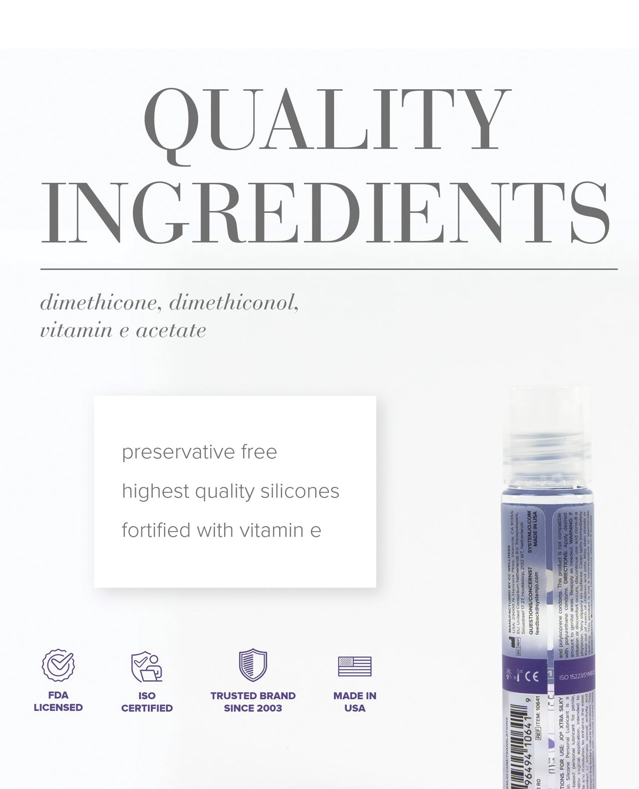 Product packaging with text about quality ingredients and certifications on a white background