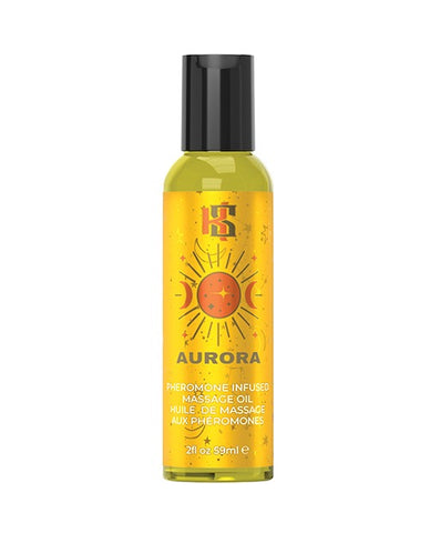 A bottle of Kama Sutra massage oil from the Celestial Collection in the fragrance "AURORA".