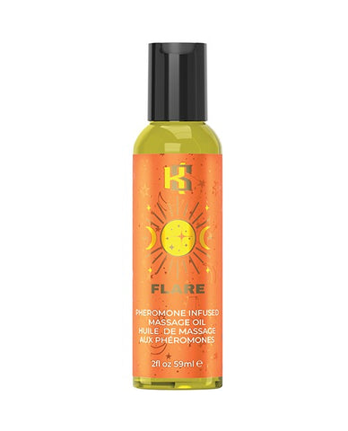 A bottle of Kama Sutra massage oil from the Celestial Collection in the fragrance "FLARE".