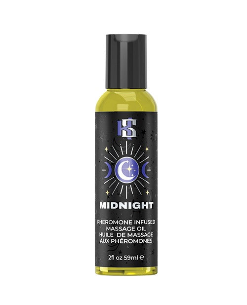 A bottle of Kama Sutra massage oil from the Celestial Collection in the fragrance "MIDNIGHT".