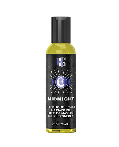 A bottle of Kama Sutra massage oil from the Celestial Collection in the fragrance "MIDNIGHT".